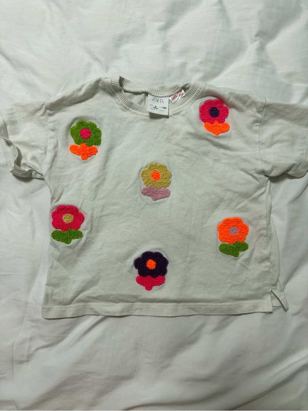 Zara White Tee with Pink, Orange, Green & Purple Flower Patches